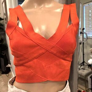 WOW Couture Strappy Bandage Crop Top Orange Back Gold Zipper Size S